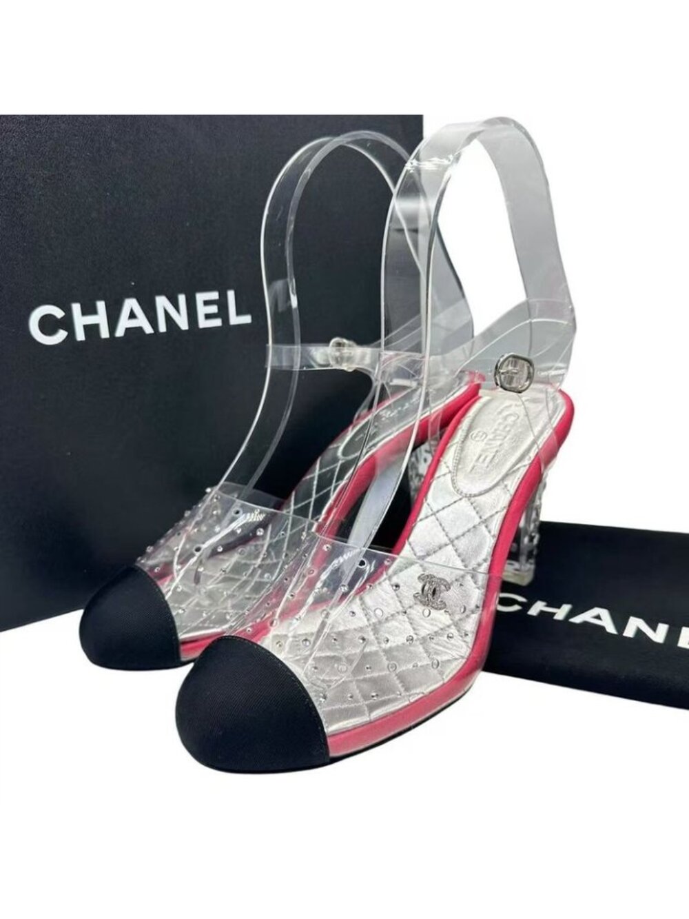 Chanel Sandals Clear Strap Rhinestone CC Logo - Picture 1 of 8